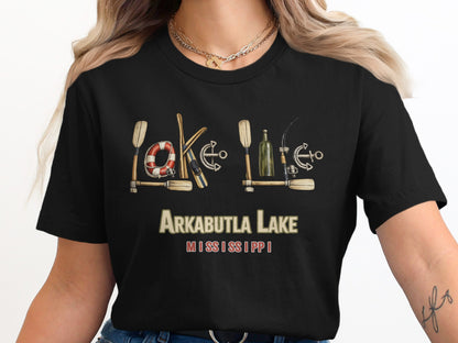 Black t-shirt with "Arkabutla Lake Mississippi" and graphic of lake items.