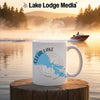 White mug with "Clear Lake California" design on a misty lake background.