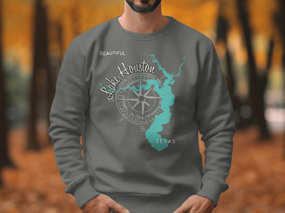 Sweatshirt with "Beautiful Lake Houston Texas" text and compass rose design.