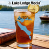 Glass of iced tea with Lake Merced California map and compass design.