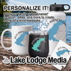 White mug, black tumbler, and white water bottle with lake map designs.