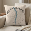 Pillow with a compass and map graphic of Lake Windermere, England.