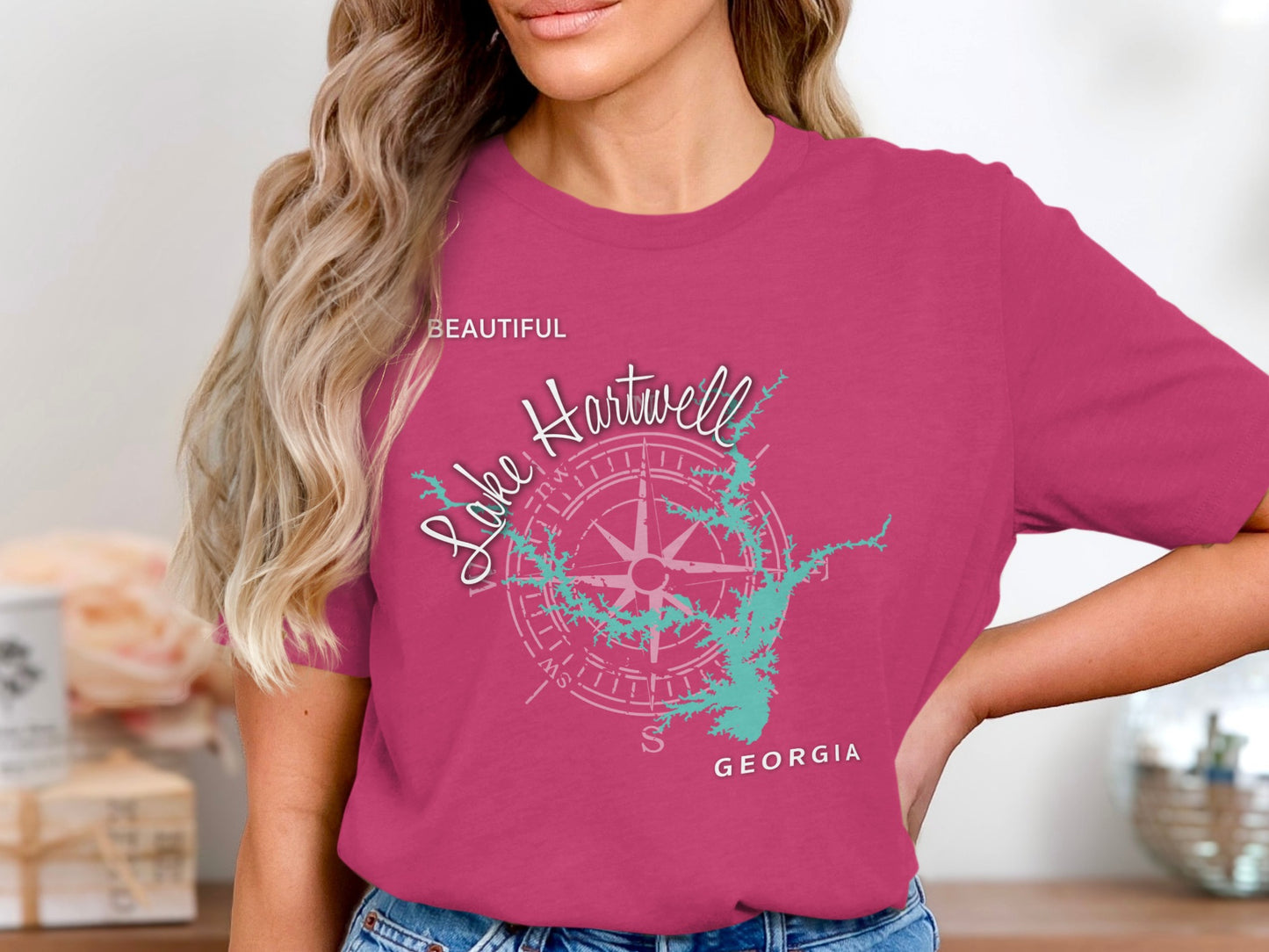 Pink t-shirt with Lake Hartwell Georgia compass graphic and map.