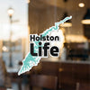 Sticker with aqua-blue Holston River outline and bold "Holston Life" text.