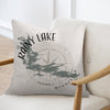 Pillow with Rainy Lake Minnesota map and compass graphic.