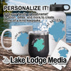 White mug, black tumbler, white water bottle, and coaster with Lake Moultrie logo.