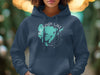 Navy blue hoodie featuring a turquoise graphic of Big Sandy Lake, Minnesota.