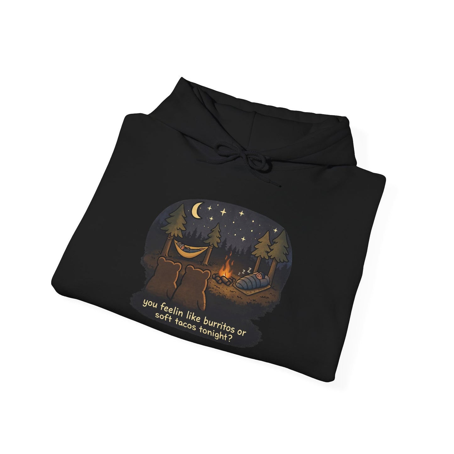 Campfire Bears Humor Hoodie, People in Sleeping Bags are Bear Burritos and Tacos Joke, Camping Hiking Smores Bonfire Apparel