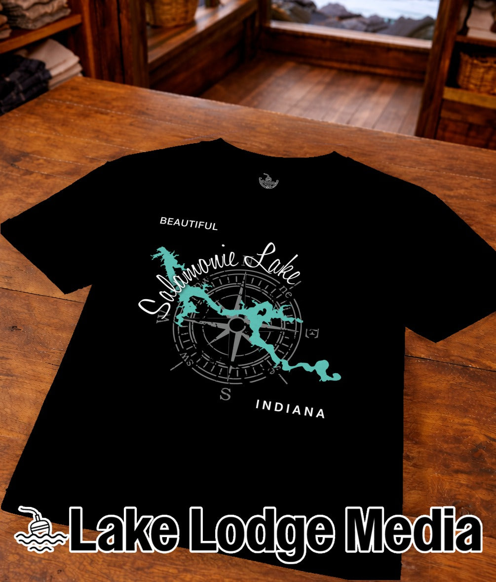 Black t-shirt with "Lake Lodge Media" logo and compass graphic of Salomonie Lake, Indiana.
