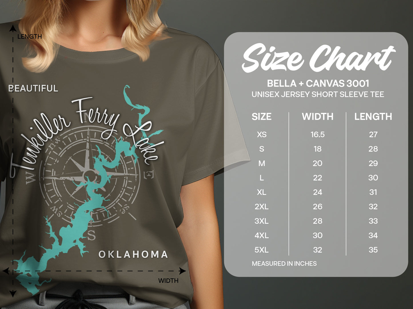 T-shirt size chart with compass graphic and Oklahoma lake text.