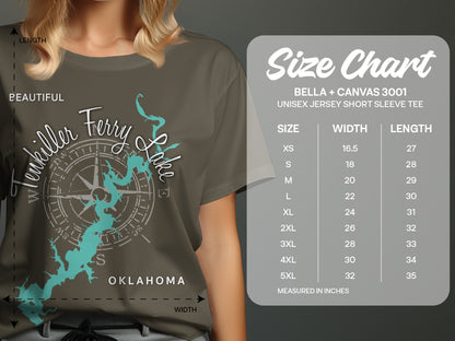 T-shirt size chart with compass graphic and Oklahoma lake text.