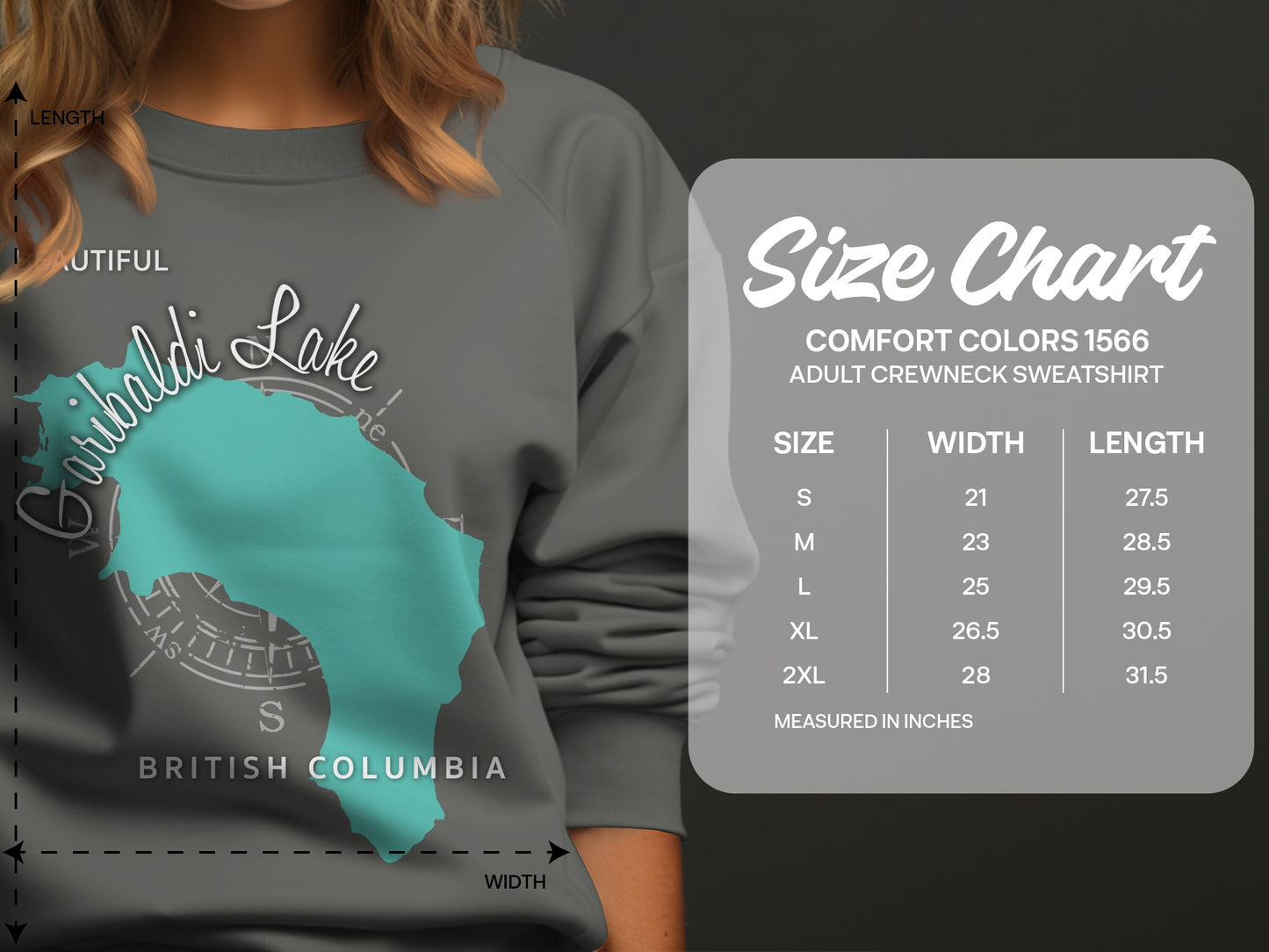 Sweatshirt size chart for Garibaldi Lake design, listing sizes S-2XL with width and length.