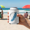 White can cooler with Carlyle Lake map and "ILLINOIS" text held on a beach.