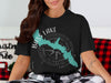 Black t-shirt with teal Bass Lake graphic and compass rose, says California.