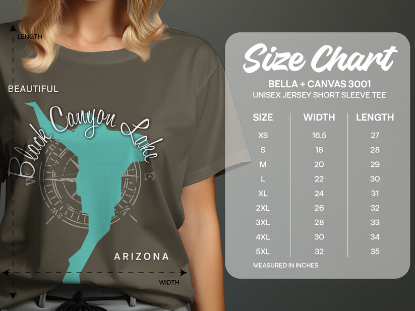 Size chart for Bella + Canvas 3001 unisex short sleeve t-shirt.