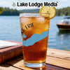 Glass of iced tea with blue Lake Erie graphic and compass design.