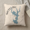 Pillow with Moss Lake, North Carolina map and compass graphic.