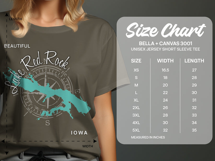 T-shirt showing Lake Red Rock map graphic and size chart.