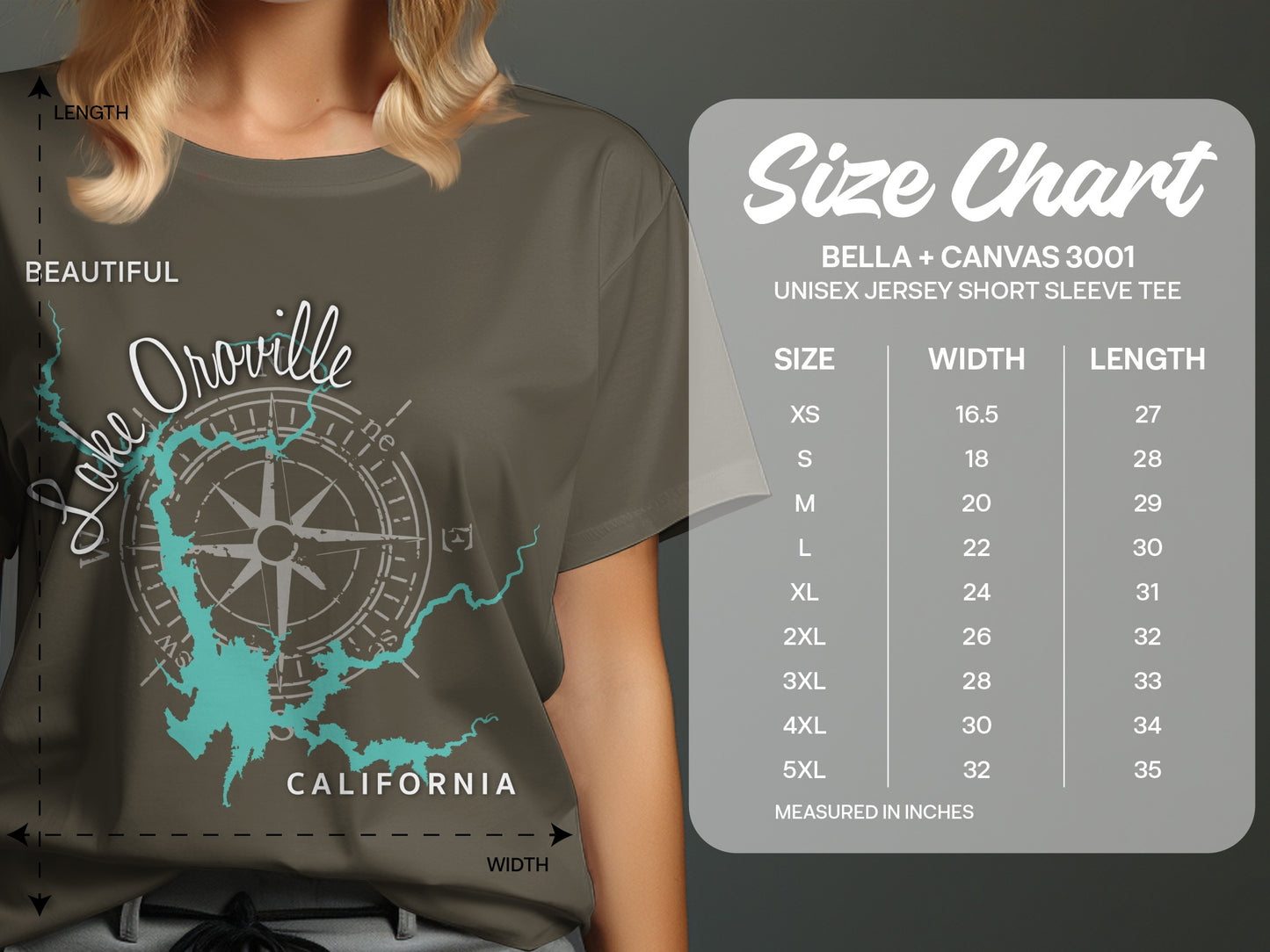 T-shirt size chart for Bella + Canvas 3001 Unisex Jersey Short Sleeve Tee.