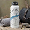 White water bottle with "EYE LAKE" text and compass design.