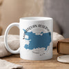 White mug with blue Manasquan Reservoir map and New Jersey text.