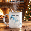 White mug with Nottely Lake map and compass graphic, steam rising.