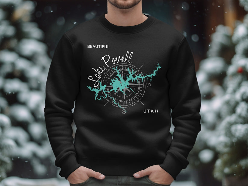 Black sweatshirt with Lake Powell compass graphic and "Utah" text.
