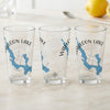 Three clear glasses with Walloon Lake, Michigan map and compass design.