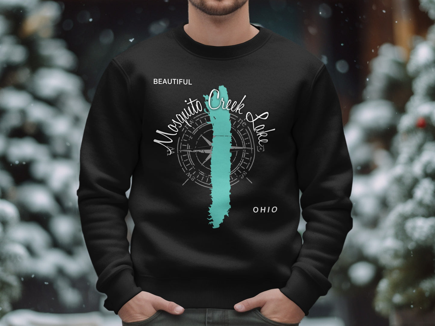 Black sweatshirt with "Mosquito Creek Lake Ohio" and compass graphic.