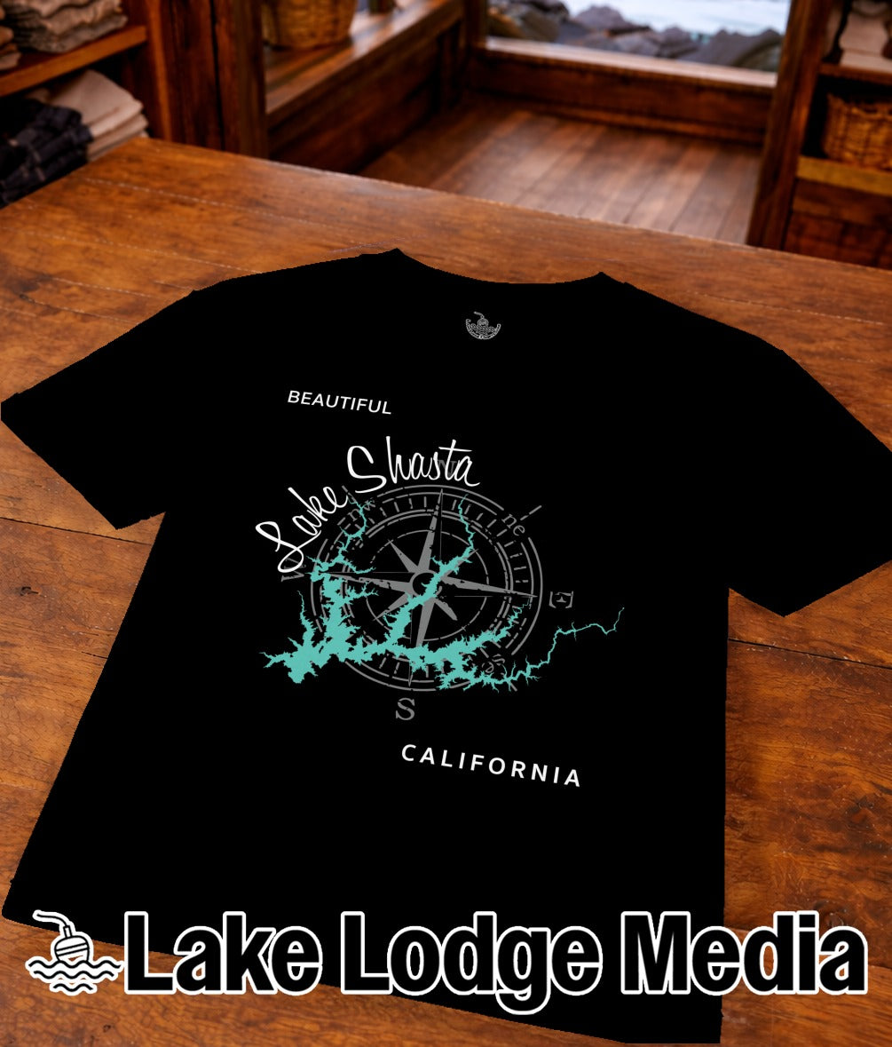 Black t-shirt with compass graphic and "Beautiful Lake Shasta California" text.