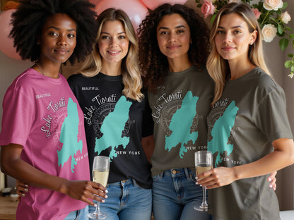 Four women wearing t-shirts with a map graphic of Lake Tiorati, New York.