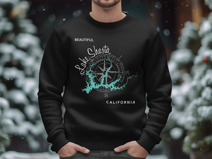 Black sweatshirt with "Beautiful Lake Shasta California" text and compass graphic.