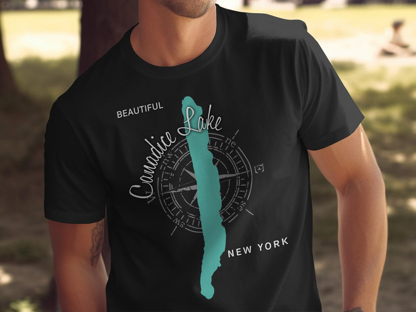Black t-shirt with "Canadice Lake, New York" and compass design.