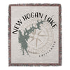 New Hogan Lake California map design on a fringed woven blanket.