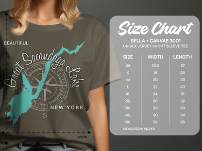 T-shirt size chart with Great Sacandaga Lake graphic and measurements.