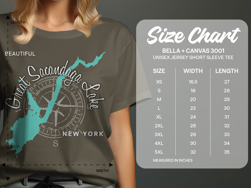 T-shirt size chart with Great Sacandaga Lake graphic and measurements.