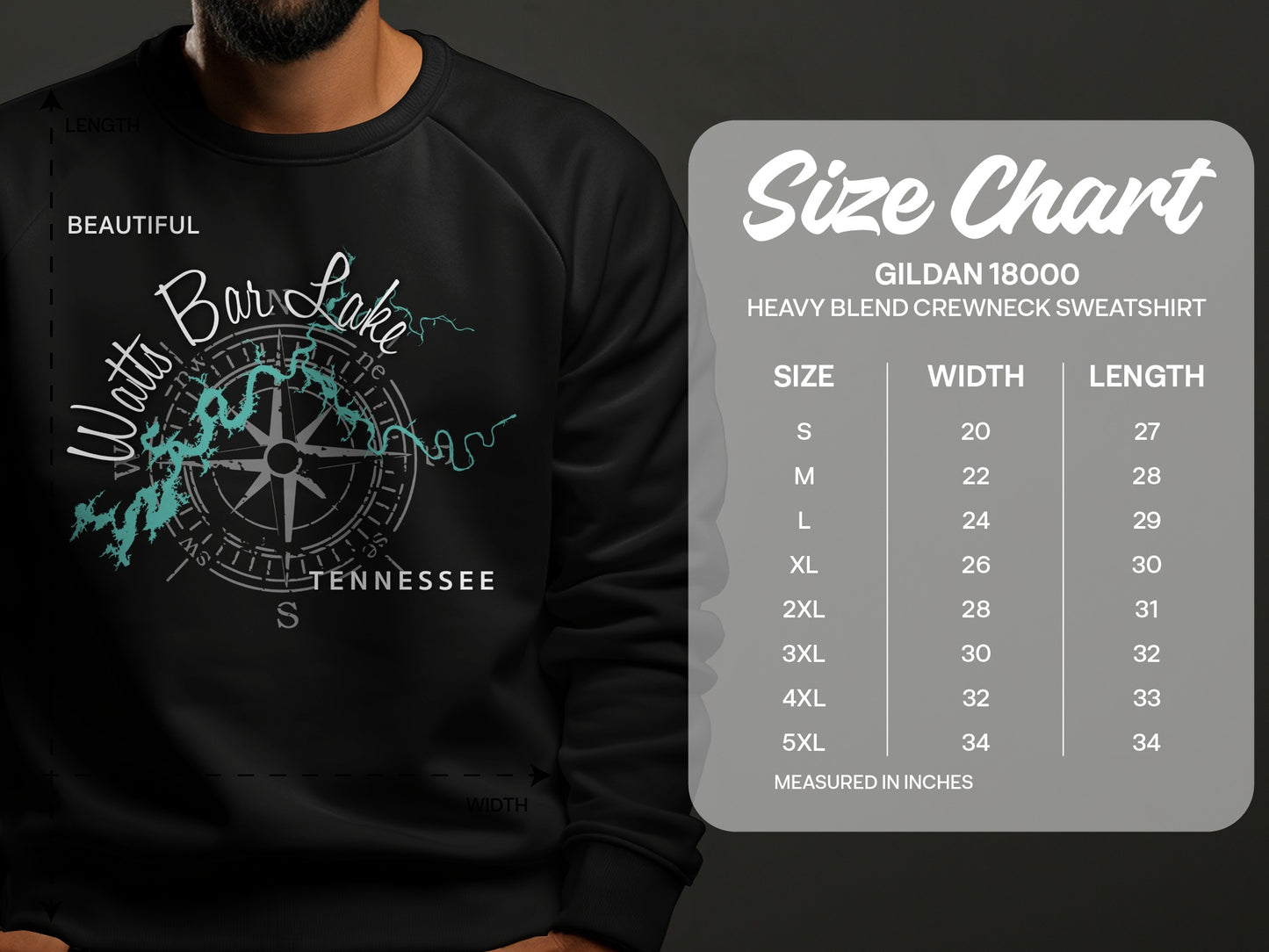 Crewneck sweatshirt with Watts Bar Lake graphic and size chart.