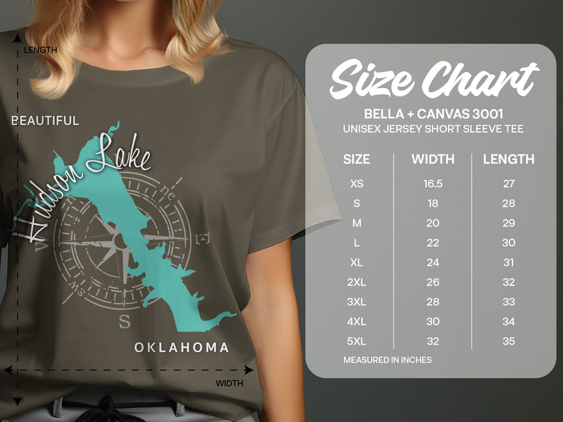 Size chart for Bella + Canvas 3001 unisex short sleeve tee with Hudson Lake Oklahoma graphic.