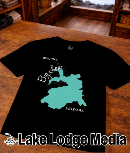 Black t-shirt with turquoise Big Lake Arizona map and "Lake Lodge Media" text.