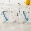 Three clear glasses feature blue map outlines of Keechelus Lake, Washington.