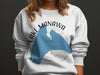 White sweatshirt with "Lake Manawa Iowa" and blue lake map graphic.