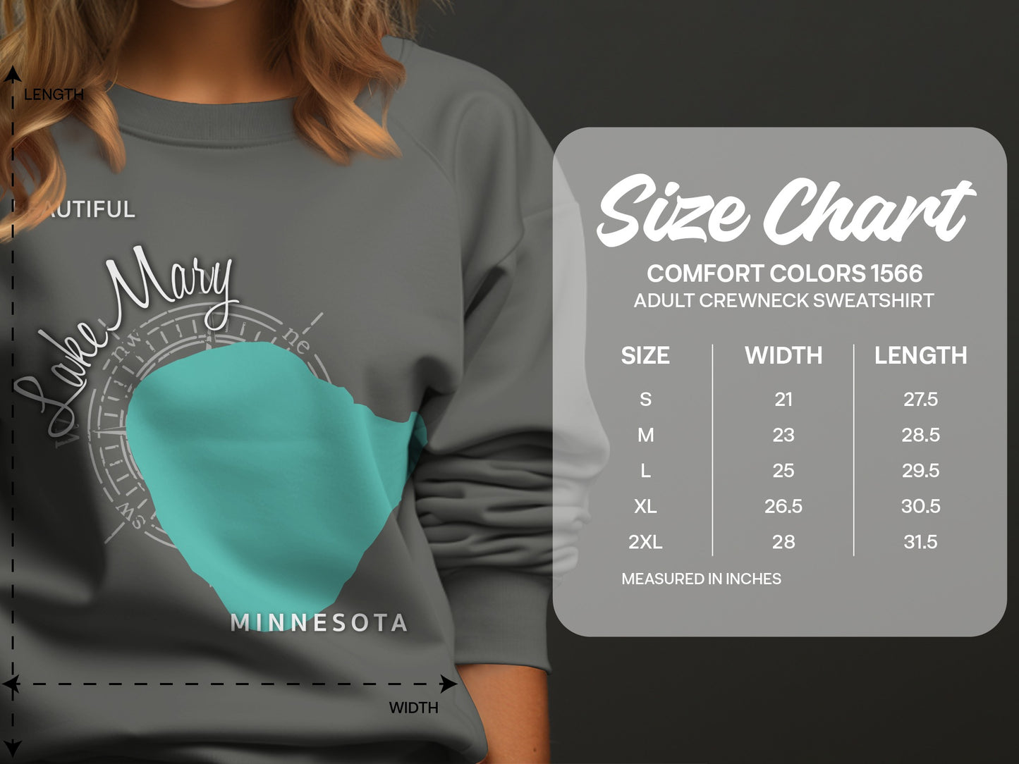Lake Mary Minnesota graphic on sweatshirt with size chart.