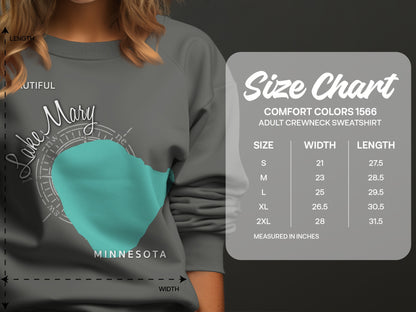 Lake Mary Minnesota graphic on sweatshirt with size chart.