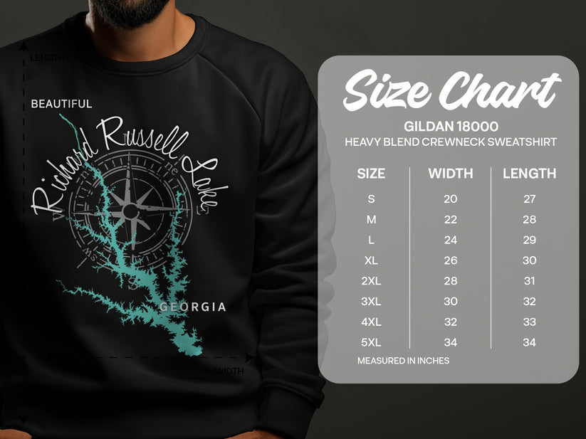 Crewneck sweatshirt with Richard Russell Lake map and Gildan size chart.