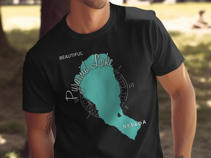 Black t-shirt with a teal map outline of Pyramid Lake, Nevada.
