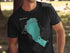 Black t-shirt with a teal map outline of Pyramid Lake, Nevada.