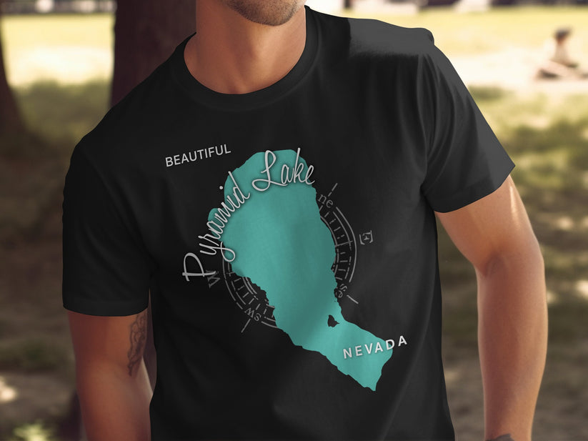 Black t-shirt with a teal map outline of Pyramid Lake, Nevada.