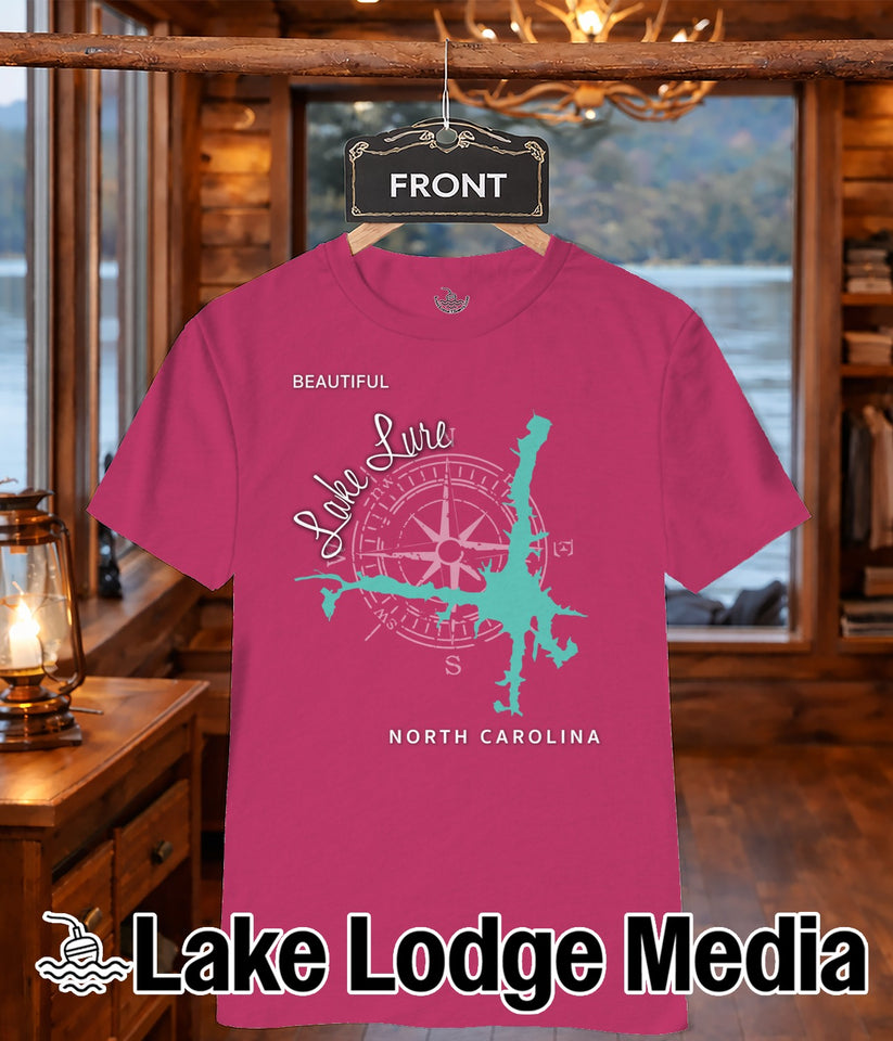 Pink t-shirt with "Lake Lure" text and compass rose graphic.