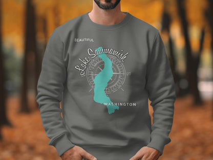 Dark gray sweatshirt with turquoise Lake Sammamish map and compass graphic.
