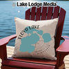 Pillow with Floyd Lake, Minnesota map design on a wooden chair by the water.